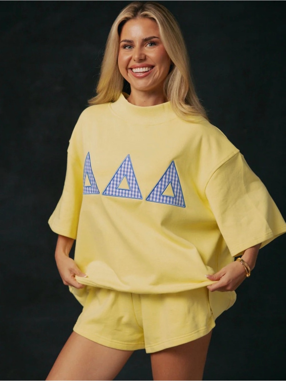 Tri Delta Yellow Oversized Sweatshirt Set with Blue Gingham Triangle Appliques